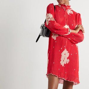 GANNI Ruffled floral-print plissé-georgette mini dress